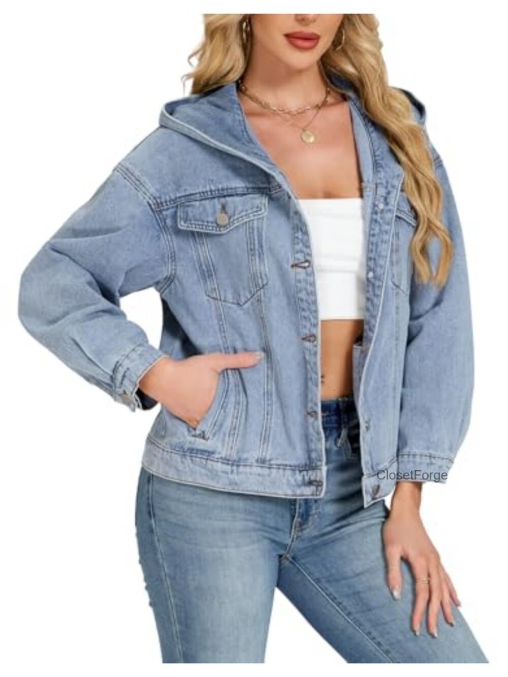 Oversized Hooded Denim Jacket Long Sleeve Button Down Boyfriend Coat